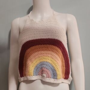 Hand-Crocheted Rainbow Halter Crop Top - Multi